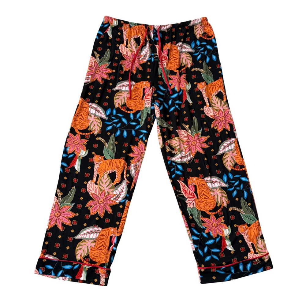 ROOM SERVICE Tiger Jungle Floral Print Pajama Pants Bottoms Size XXL Black Cozy